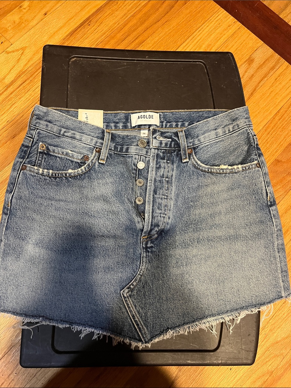 Agolde Medium Wash Button-Front Denim Mini Skirt